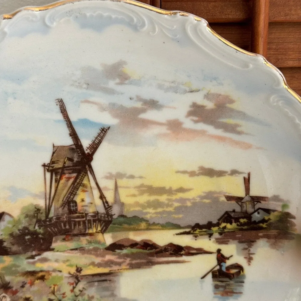 Leuchtenburg Germany Antique Windmill Dutch Landscape Scalloped Gilt Plate 10